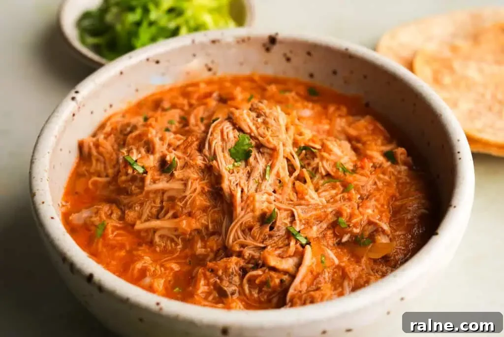 Close-up of chicken tinga with tender shredded chicken coated in a smoky tomato sauce, topped with fresh herbs.