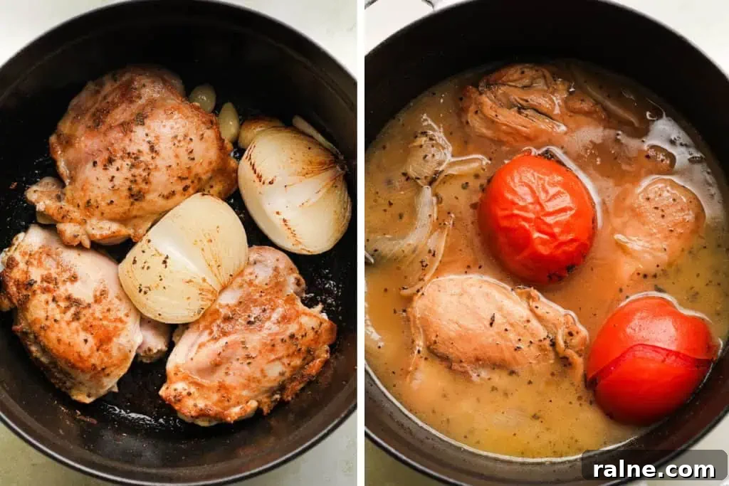 Chicken thighs seared with onions and garlic, then simmered in broth with tomatoes until tender.