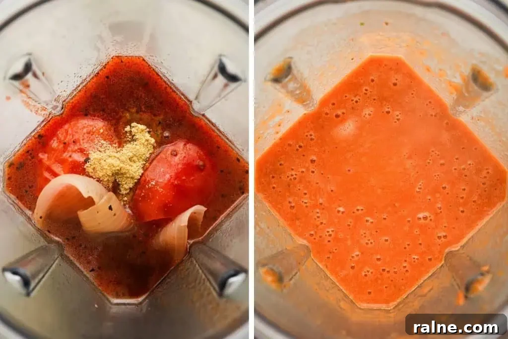Ingredients for chicken tinga sauce, including tomatoes, onion, broth, and seasonings, blended into a smooth red mixture.
