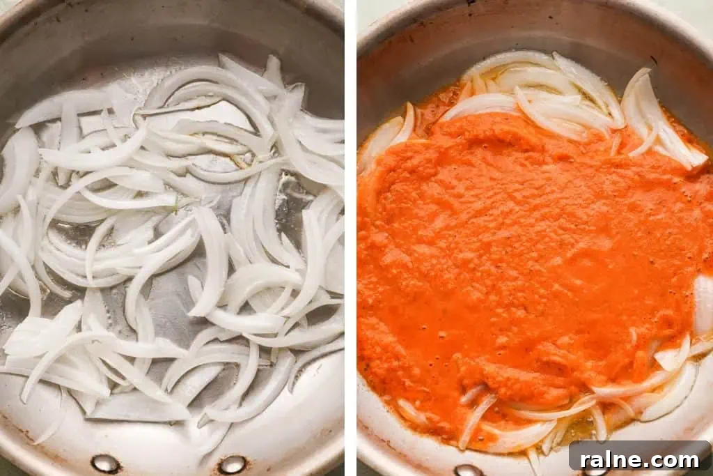 Sliced onions cooking in oil followed by blended tomato sauce being added to the pan to build the tinga base.