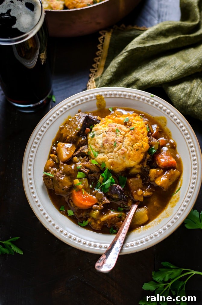 Guinness Beef Stew with Cheddar Herb Dumplings.