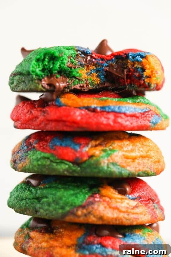 Rainbow Chocolate Chip Cookies are thick and delicious rainbow cookies