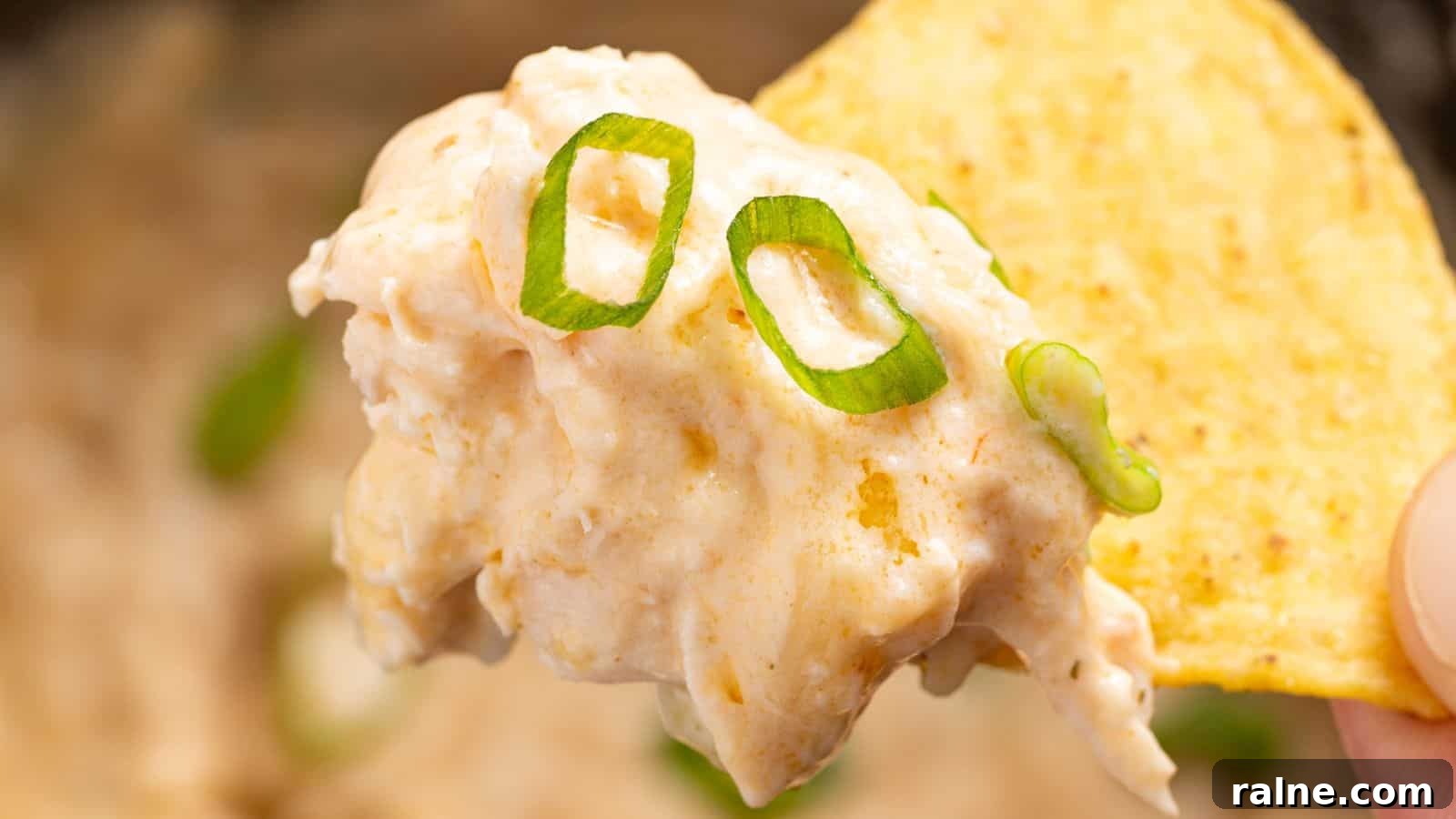 9 Simple Appetizers You Can Make With Just a Few Ingredients 4 A hand holding a tortilla chip dipped in creamy Buffalo chicken dip, garnished with slices of green onion.