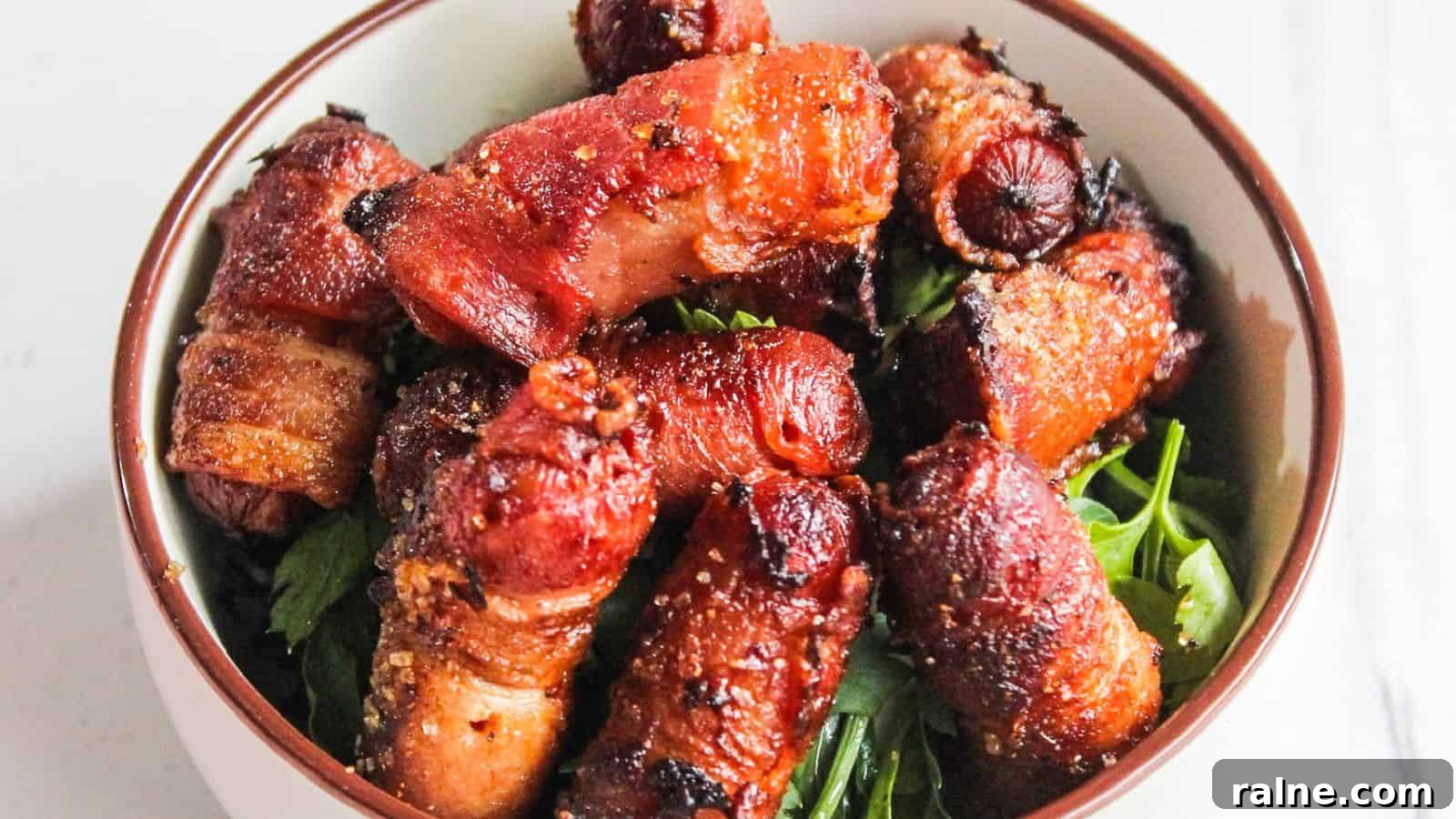 9 Simple Appetizers You Can Make With Just a Few Ingredients 9 A bowl of bacon-wrapped cocktail sausages served on a bed of fresh green herbs.