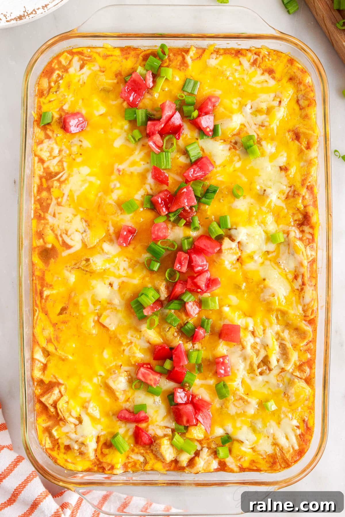 vertical full view picture of turkey enchilada casserole topped down the center with green onions and tomatoes