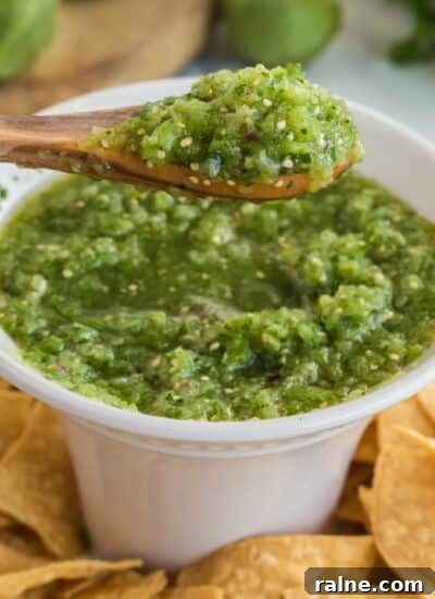 Close up of a bowl of Salsa Verde.