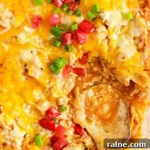 close up of a spoon in turkey enchilada casserole