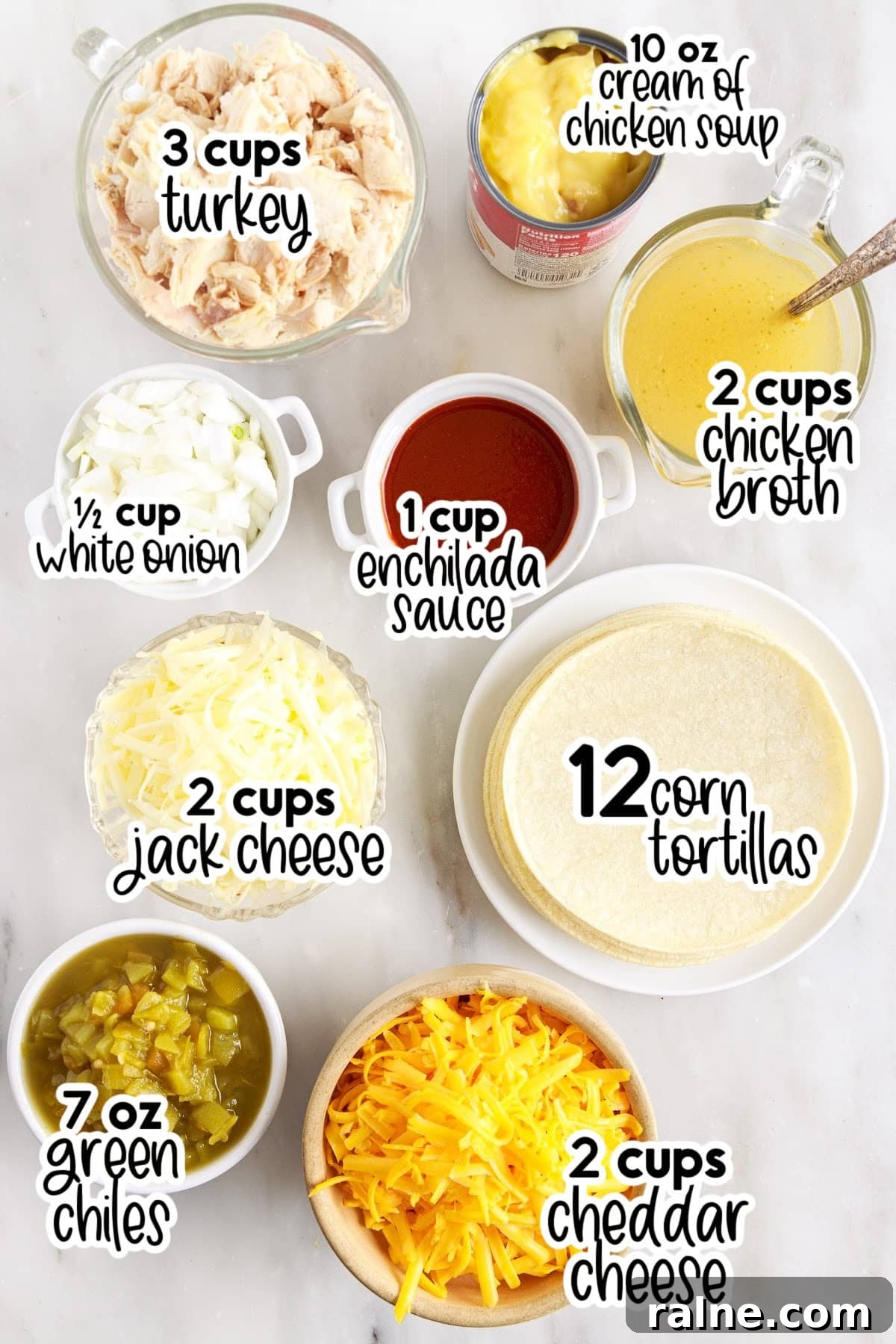 Ingredients needed to make turkey enchilada casserole, with text labels.