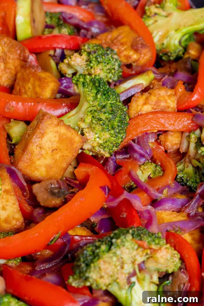Close up of Crispy Tofu Hoisin Stir-fry. Vegan, GF & Healthy! Georgie Eats.