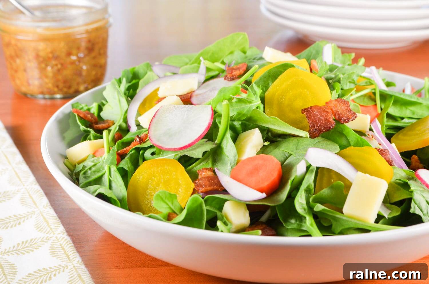 Irish Root Salad with Spinach, Sharp White Cheddar, and Bacon-Mustard Vinaigrette Irish Root Salad with Spinach, Sharp White Cheddar, and Bacon-Mustard Vinaigrette