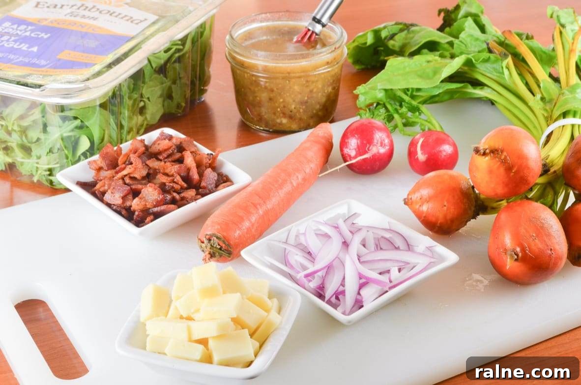 Irish Root Salad with Spinach, Sharp White Cheddar, and Bacon-Mustard Vinaigrette Irish Root Salad with Spinach, Sharp White Cheddar, and Bacon-Mustard Vinaigrette