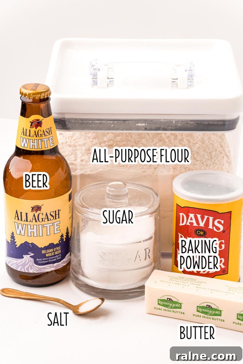 No-Fuss Beer Bread Recipe: Crispy Crust, Tender Inside 4 beer bread ingredients laid out on a counter