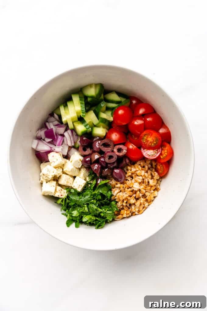 Mediterranean Farro Salad with Feta, Cucumber & Olives 4 vegetables, farro and feta cheese in a salad bowl