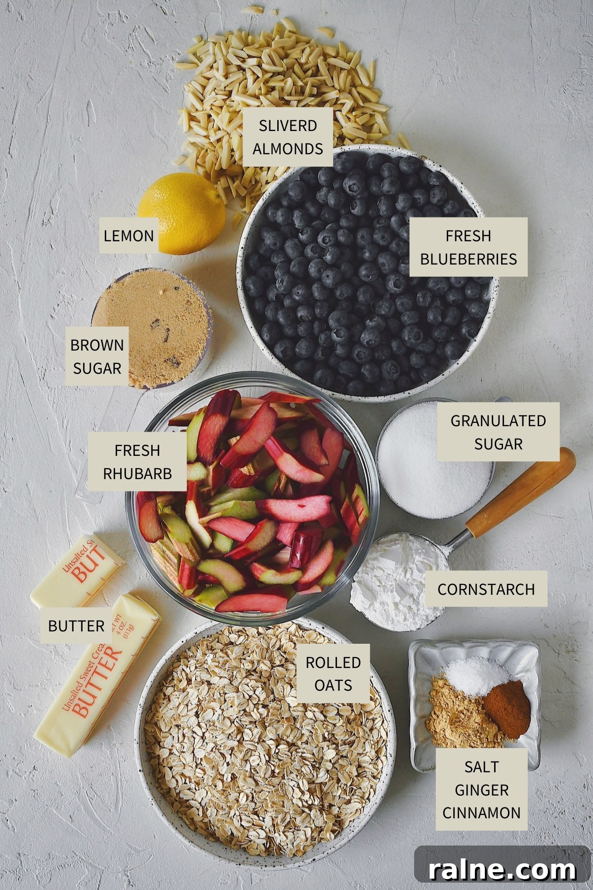 Ingredients needed to make Blueberry Rhubarb Crisp.