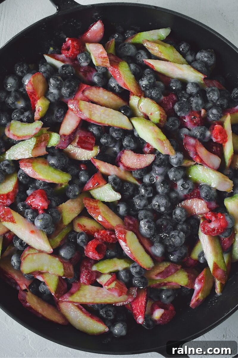 Berry and rhubarb mixture placed in a large skillet.