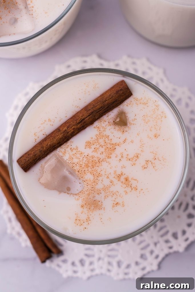 Authentic Horchata Recipe: How to Make Mexican Rice Horchata 6 traditional horchata served in a clear glass with ice and topped with a pinch of ground cinnamon for garnish