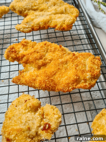 Crispy, golden panko chicken schnitzel resting on a cooling rack