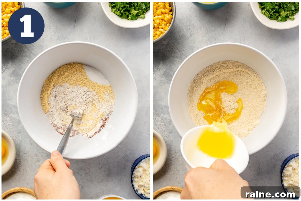 Creamy Mexican Corn Casserole with Cheesy Jalapeño Bake 4 Collage showing a bowl with flour, cornmeal and baking powder, then melted butter being added.