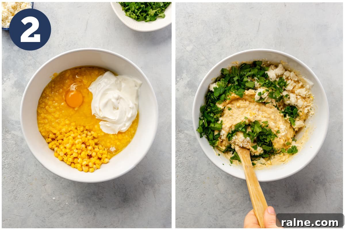 Creamy Mexican Corn Casserole with Cheesy Jalapeño Bake 5 A white bowl with dry ingredients, corn, egg, and sour cream. Then being mixed with diced cilantro added.