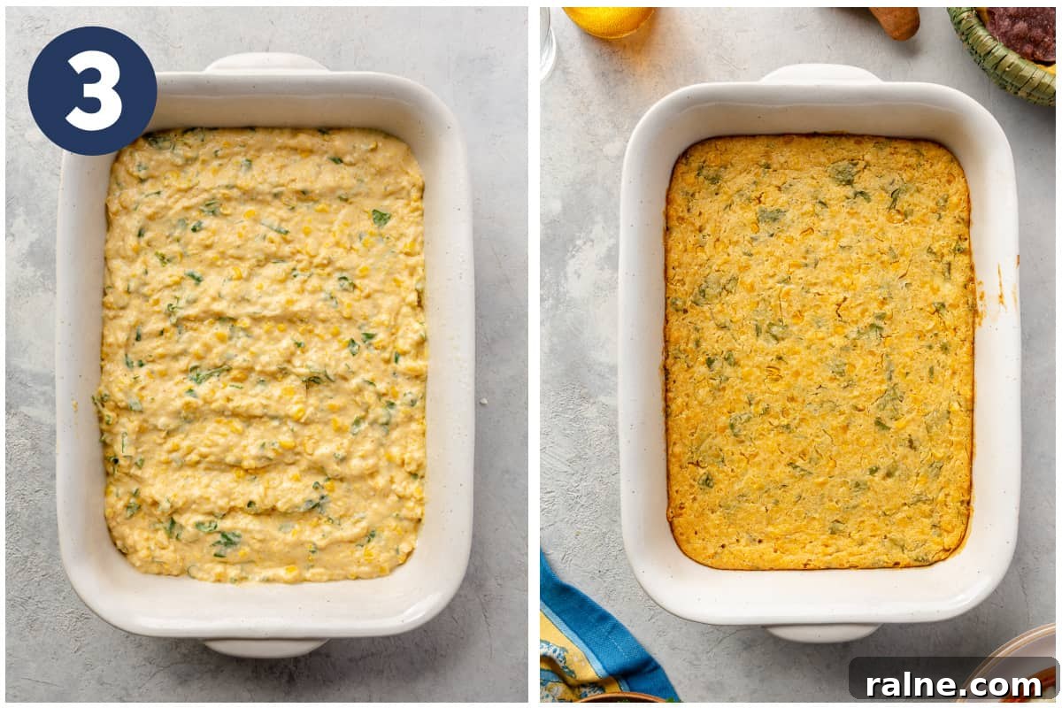 Creamy Mexican Corn Casserole with Cheesy Jalapeño Bake 6 White baking dish with corn casserole batter before and after baking.