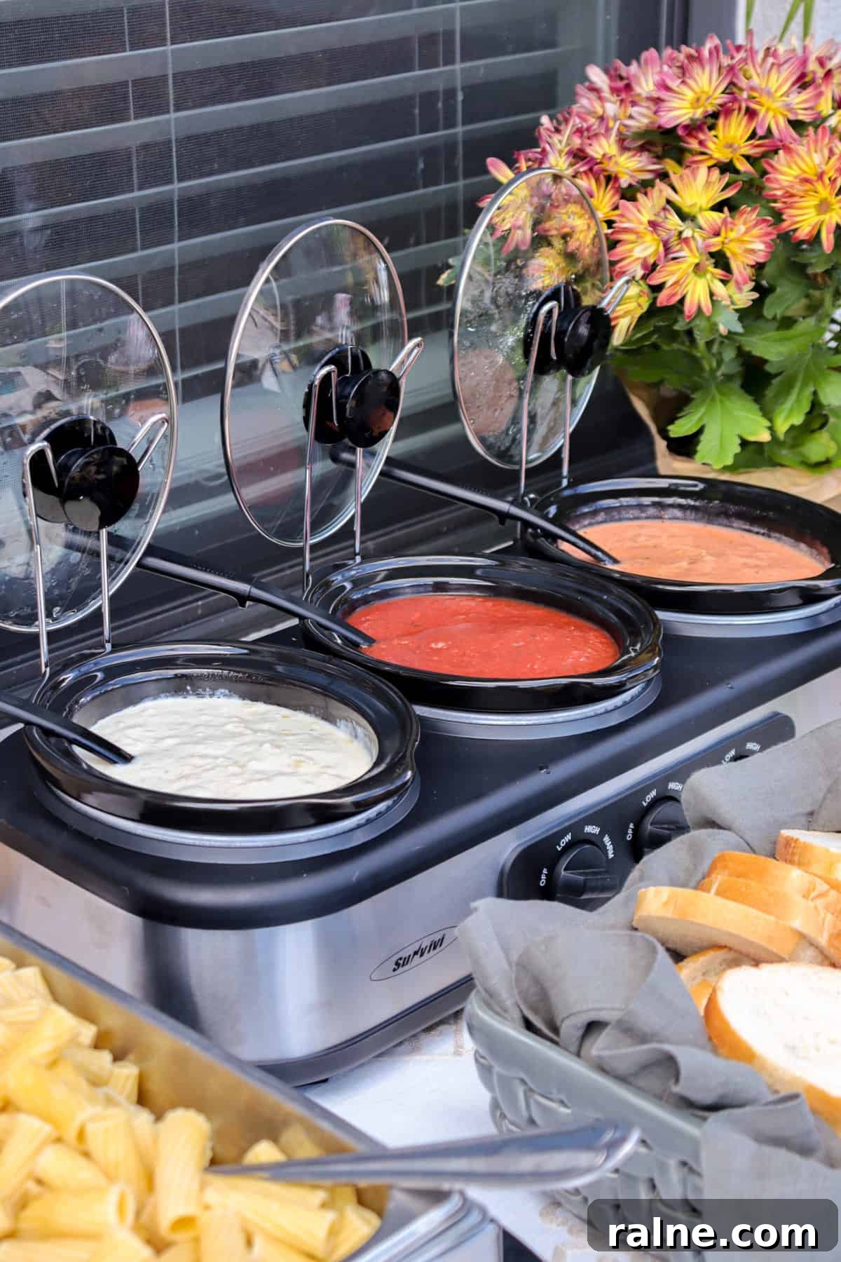 Party Pasta Bar Ideas: How to Set Up a Crowd-Pleasing Pasta Station 6 Pasta bar with triple crock pot and sauces.