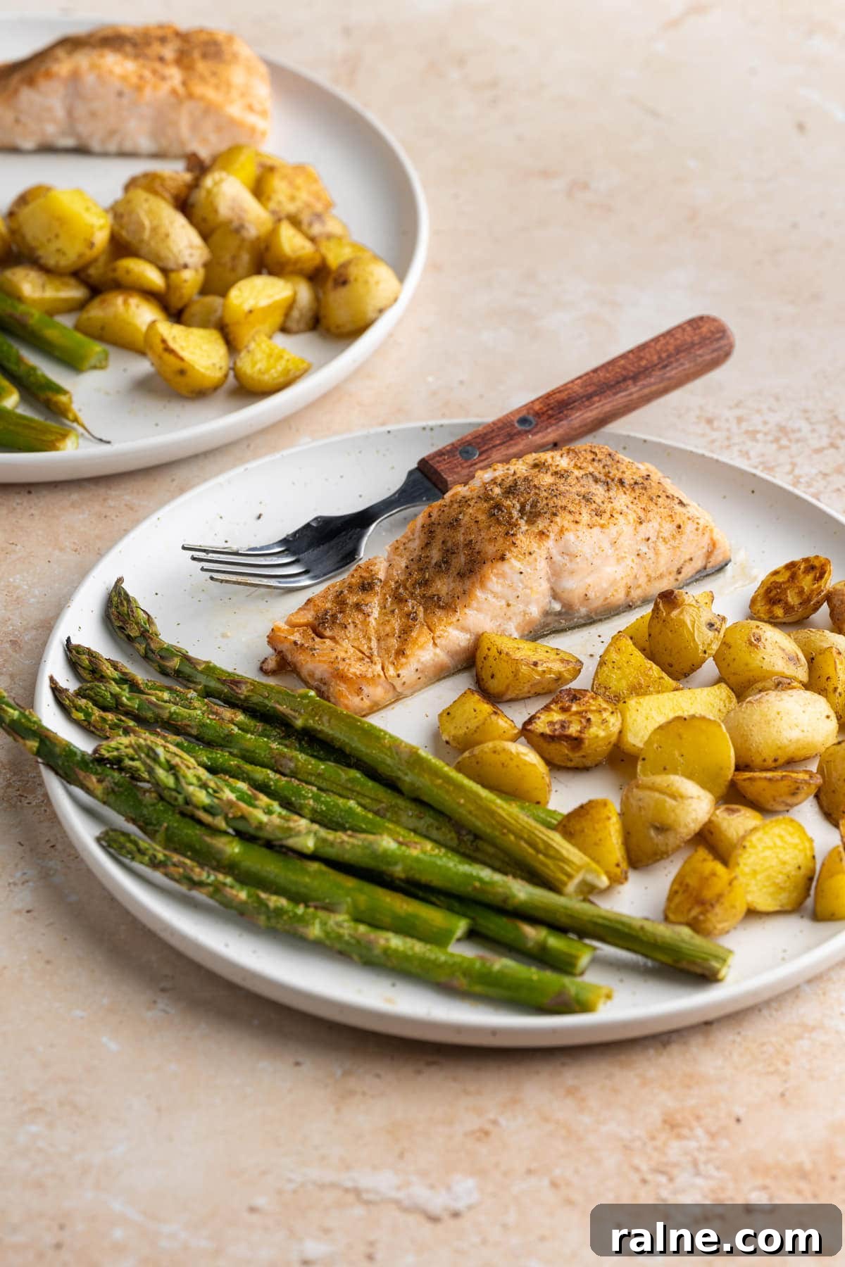 Simple dinner plate with salmon asparagus and potatoes