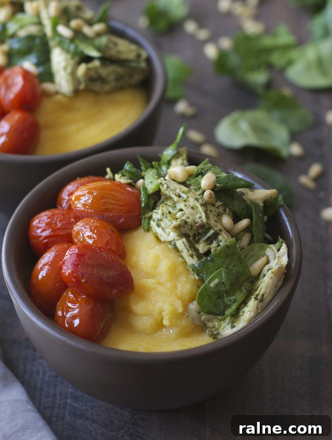 Pesto Chicken Polenta Bowls with Burst Cherry Tomatoes 3 Pesto Chicken Polenta Bowls