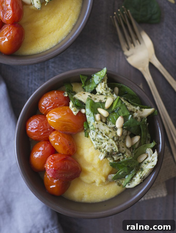 Pesto Chicken Polenta Bowls with Burst Cherry Tomatoes 4 Pesto Chicken Polenta Bowls