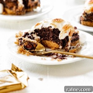 Layered S'mores Brownies Recipe: Gooey Graham, Chocolate & Marshmallow 7 Half eaten S'mores Brownie on a dessert plate.