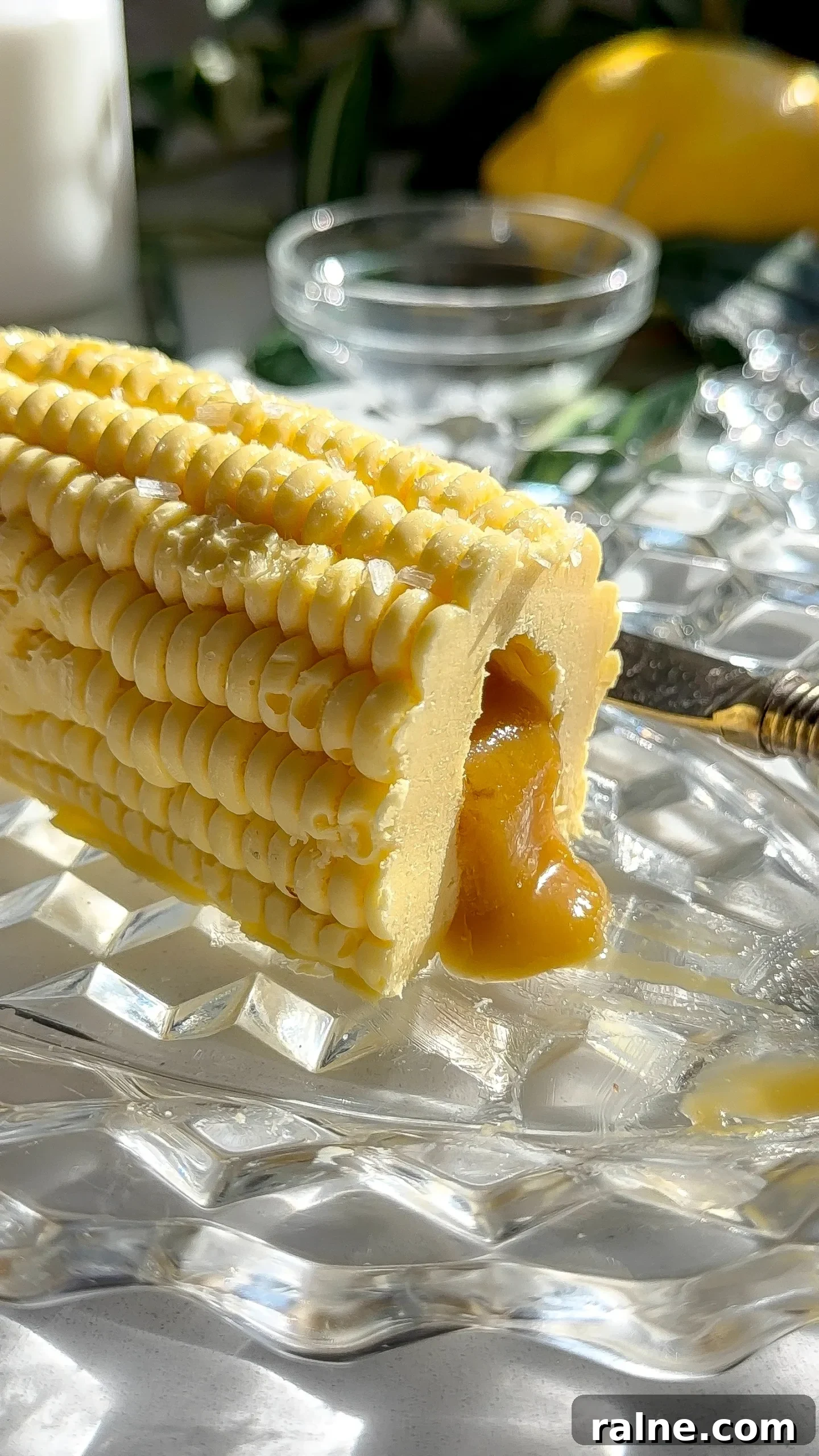 Miso Honey Corn Compound Butter Recipe for Grilled Corn and Veggies 4 Close up cross-section of a corn-shaped butter cob sliced open to reveal a thick liquid honey and miso filling spilling onto a glass plate.