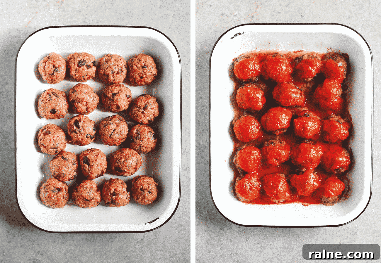Cheesy Baked Meatball Casserole with Marinara and Pasta 3 instructional step by step photos: placing the meatballs in the casserole dish to be baked then topping the baked meatballs with tomato sauce