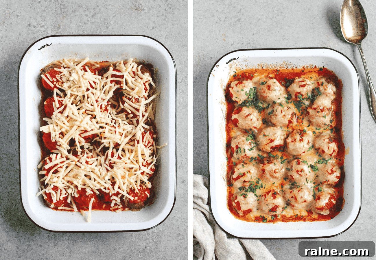 Cheesy Baked Meatball Casserole with Marinara and Pasta 4 instructional step by step photos: topping the baked meatballs with cheese then baking. Finishing with garnish on top.
