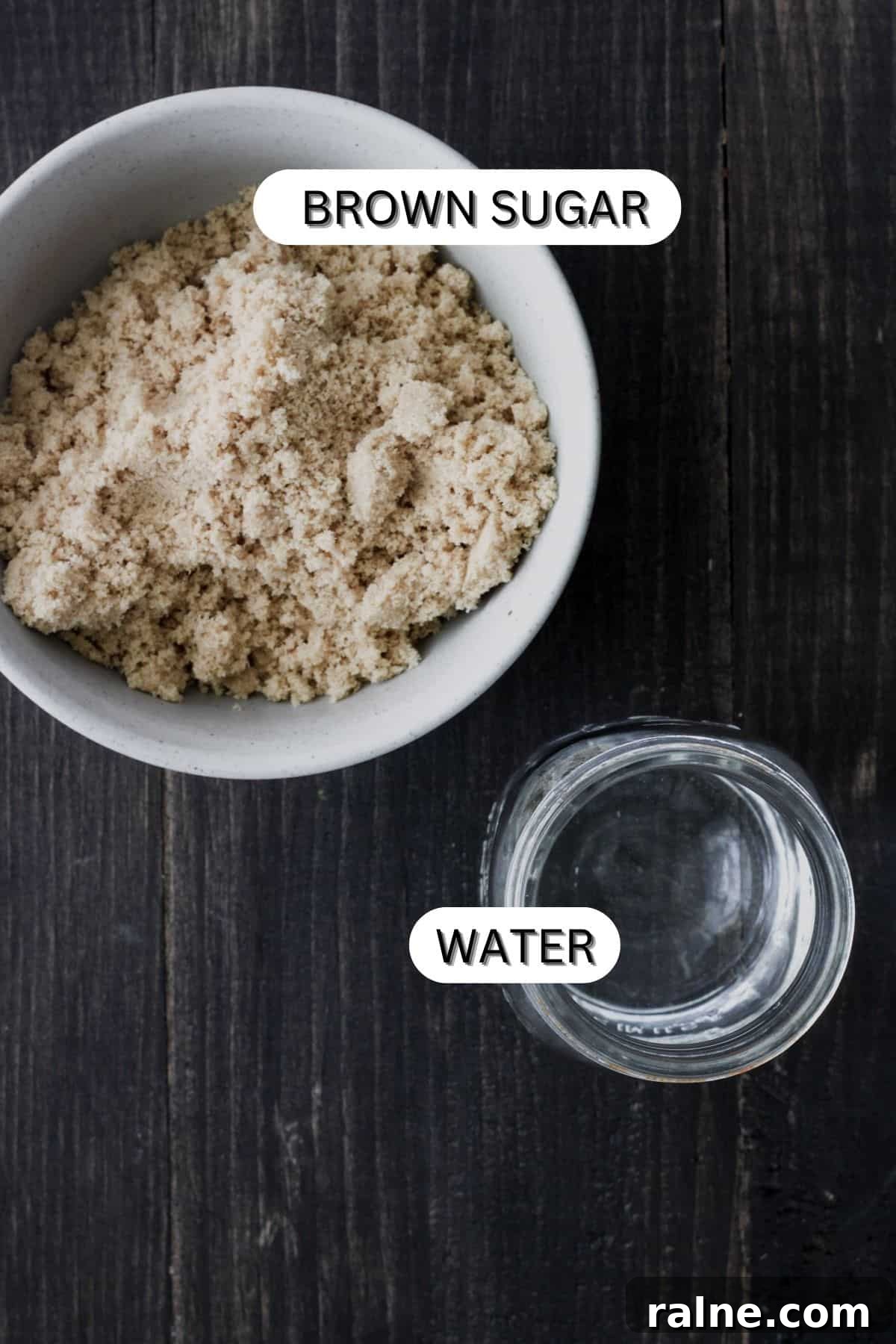 Brown Sugar Simple Syrup Recipe for Cocktails and Coffee 4 Light brown sugar in a small bowl and a glass of water.