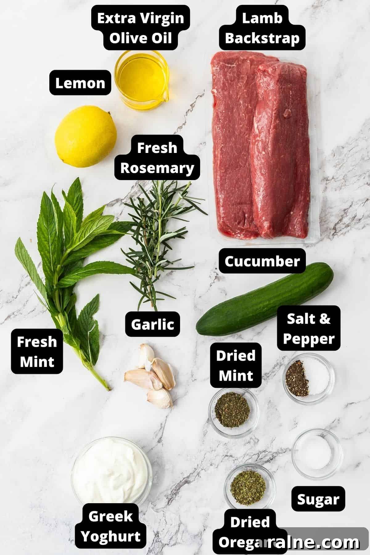 Marinated Lamb Backstrap Recipe: Juicy Grilled Lamb Backstrap 3 Ingredients in this recipe on a white marble background.