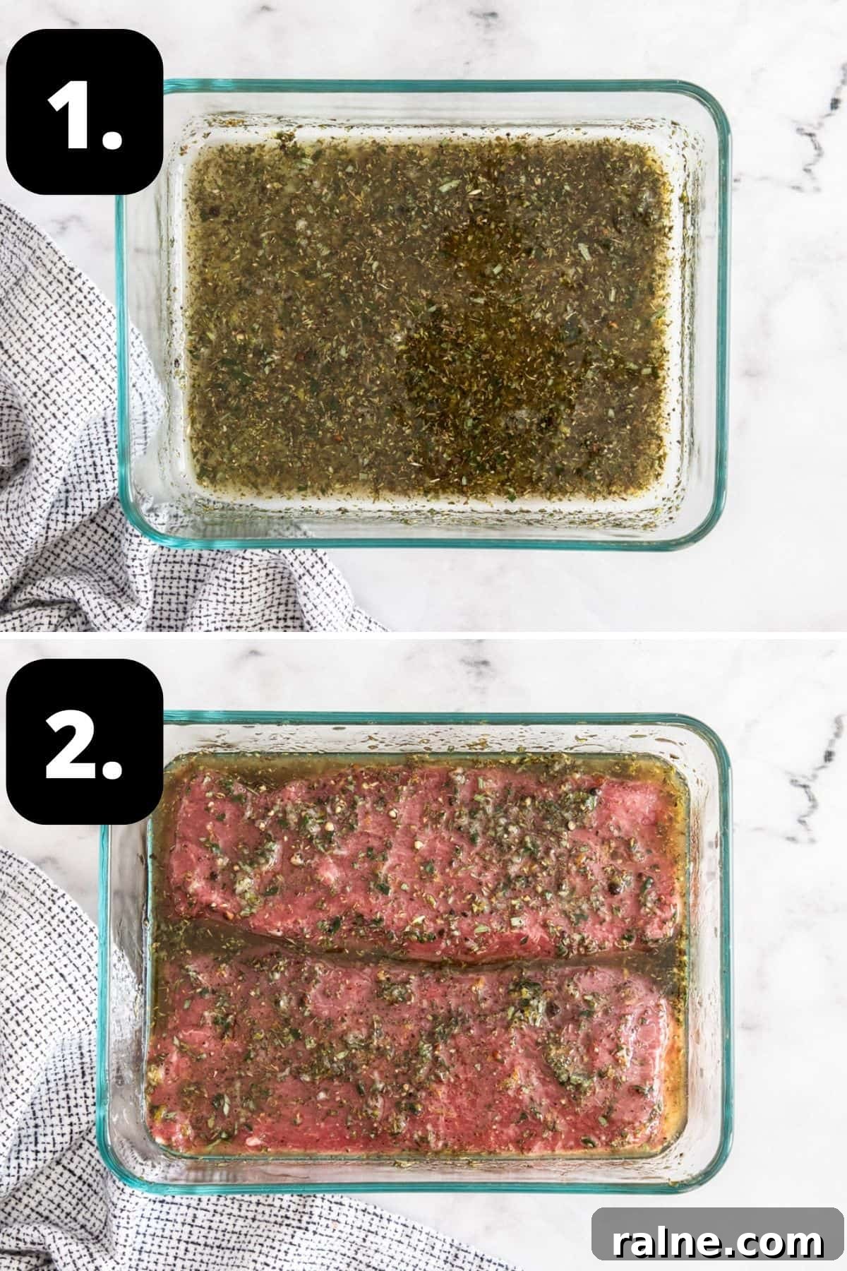 Marinated Lamb Backstrap Recipe: Juicy Grilled Lamb Backstrap 5 The marinade in a glass dish and lamb backstraps in the marinade.