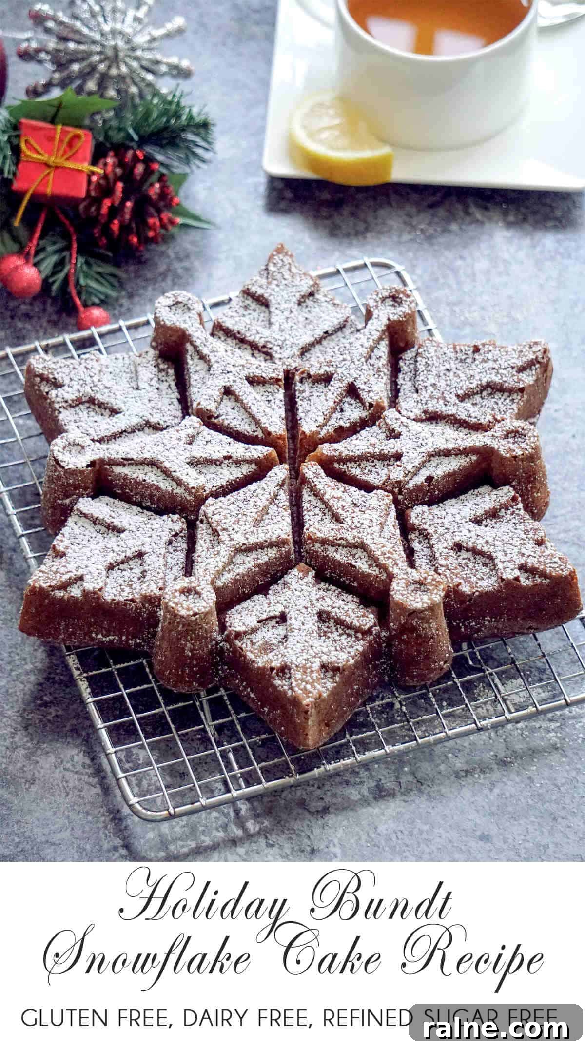 Gluten-Free Dairy-Free Christmas Snowflake Bundt Cake Recipe 2 Snowflake cake pan recipe (gluten free dairy free). Celebrate the holiday season with this easy simple snowflake cake pan recipe! A healthy holiday dessert made in a snowflake shaped bundt pan / mold with a mix of gluten free, dairy free clean ingredients. This simple snowflake cake is soft, moist and full of apple and cinnamon flavor – perfect if you want a simple Christmas treat.