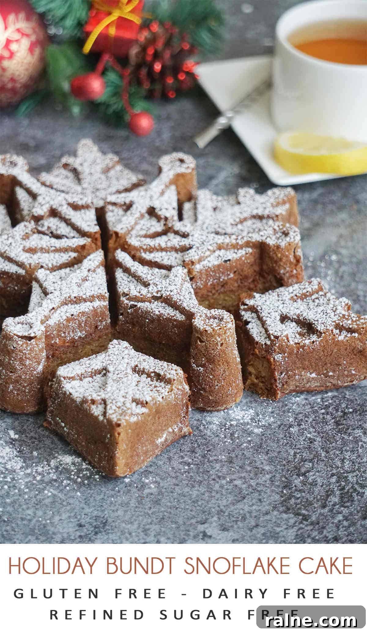 Gluten-Free Dairy-Free Christmas Snowflake Bundt Cake Recipe 3 Gluten free Christmas bundt cake recipe (Dairy Free). An easy simple gluten free Christmas bundt cake made in a snowflake shaped bundt pan with healthy gluten free, dairy free ingredients. This Gluten Free Christmas bundt cake is soft, moist and full of of apple and cinnamon flavor – a perfect holiday dessert, the kids will love it!