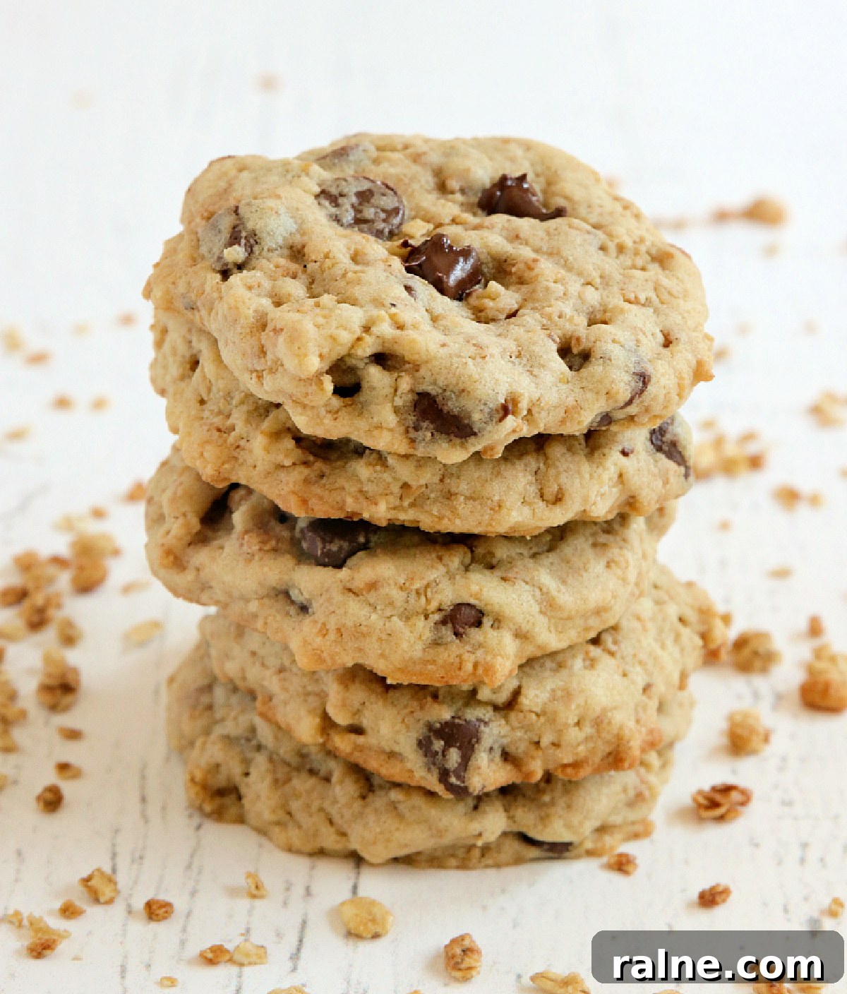 Stack of granola chocolate chip cookies.