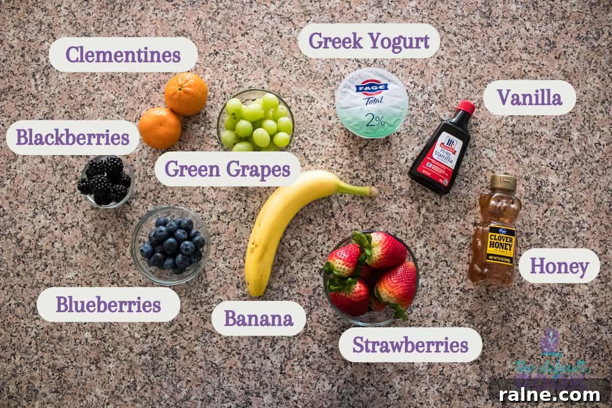 Colorful Fruit Platter with Creamy Yogurt Dip 3 Assorted ingredients for a fruit platter spread out on a granite countertop, each labeled: Clementines, Blackberries, Green Grapes, Greek Yogurt, Vanilla, Honey, Blueberries, Banana, and Strawberries.