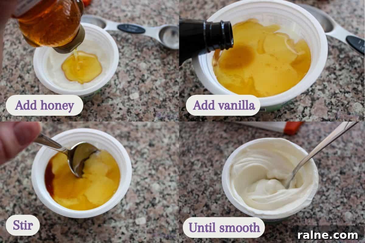 Colorful Fruit Platter with Creamy Yogurt Dip 6 Step-by-step images showing the preparation of yogurt dip on a granite countertop. Top left: Pouring honey into Greek yogurt. Top right: Adding vanilla extract to the mix. Bottom left: Stirring the honey and vanilla into the yogurt. Bottom right: The yogurt mixture fully combined. Each step is labeled with instructions 'Add honey,' 'Add vanilla,' 'Stir,' and 'Until smooth.