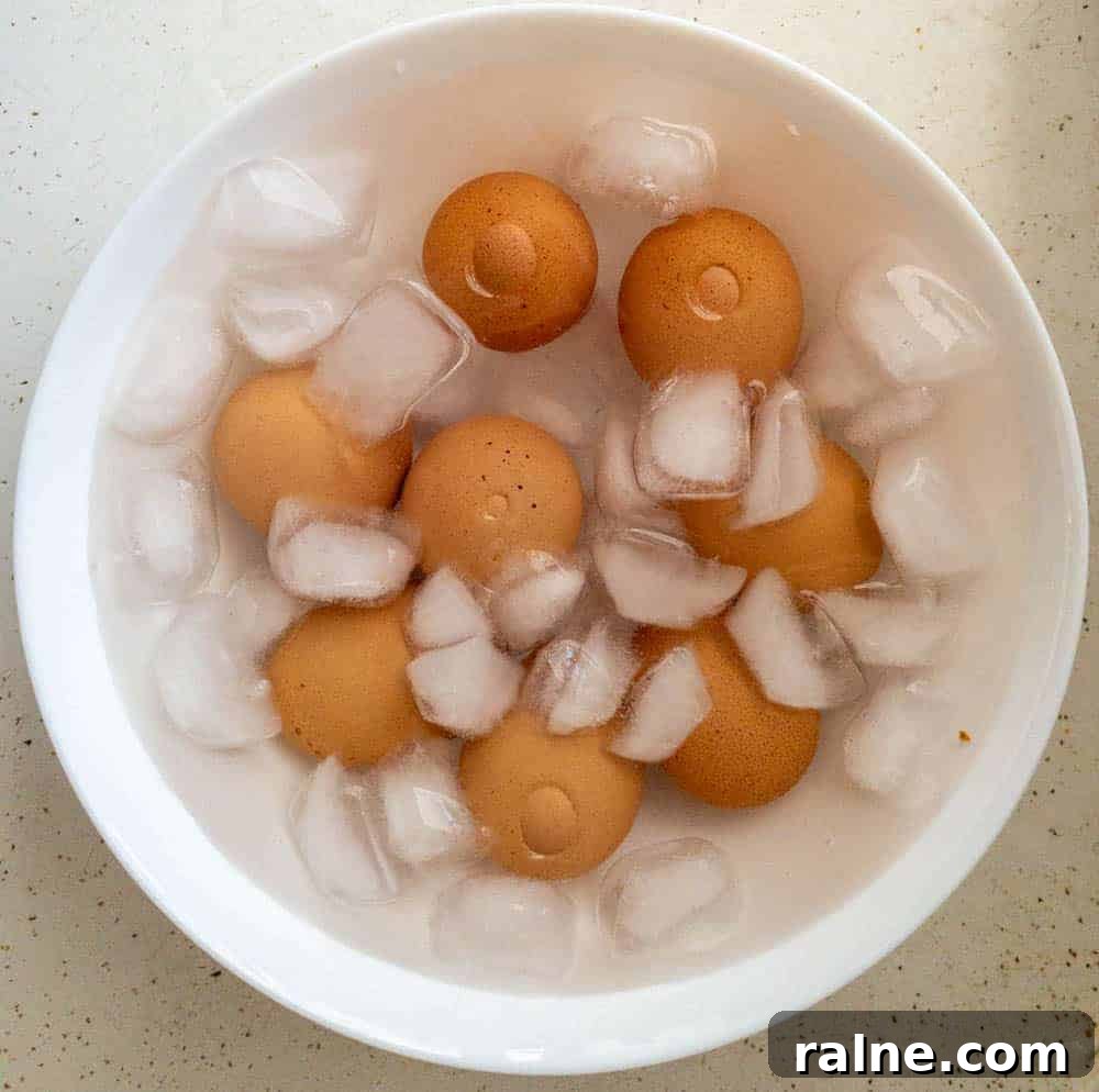 Hard boiled eggs in ice bath after being hard boiled in the Instant Pot