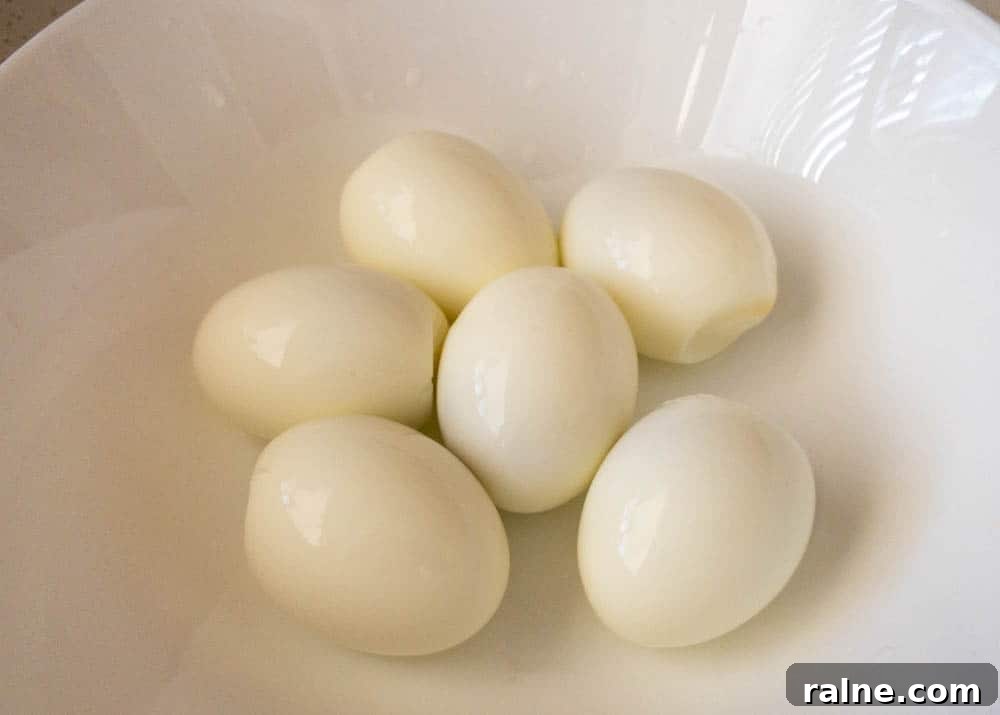 Hard boiled eggs peeled and ready
