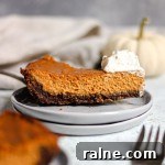 A slice of pumpkin pie with gingersnap crust on a stack of grey plates.