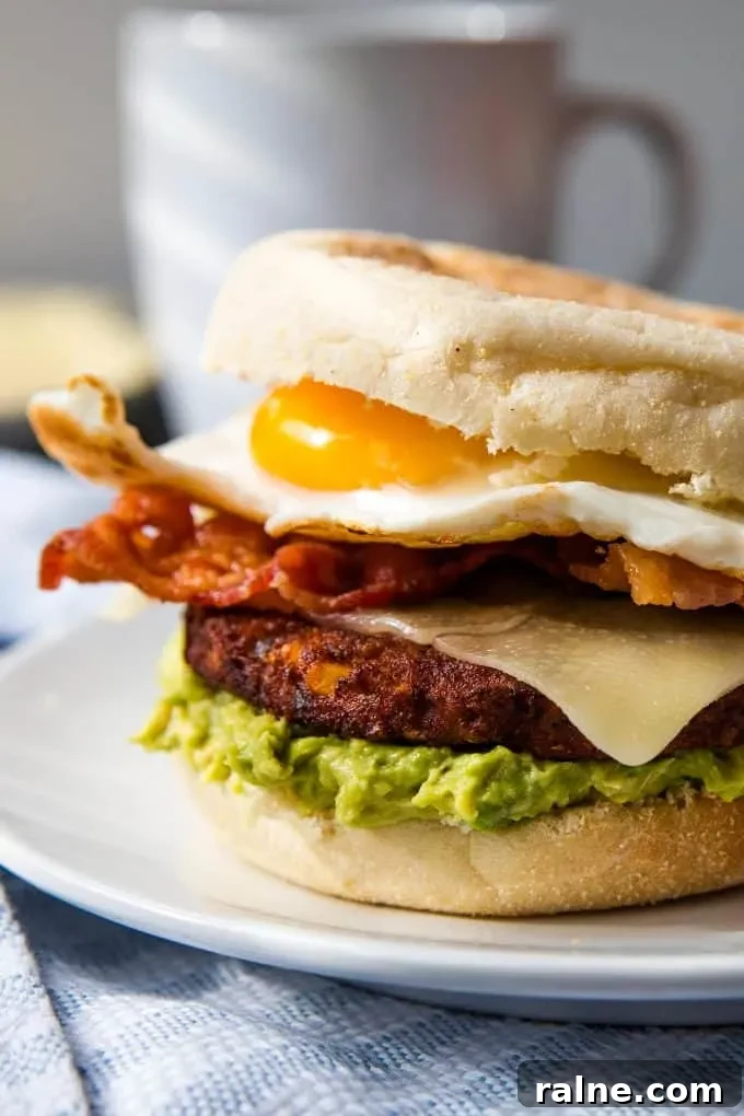 Black Bean Breakfast Burger with Avocado and Chipotle Mayo 9 breakfast black bean burger on a white plate