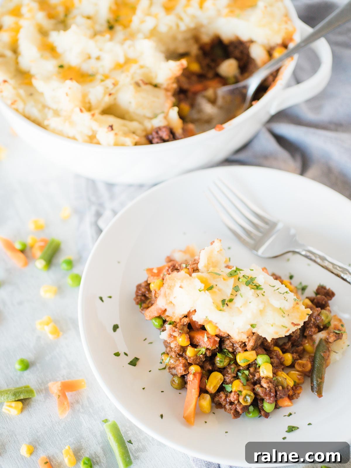 a serving of shepherds pie in a white shallow bowl