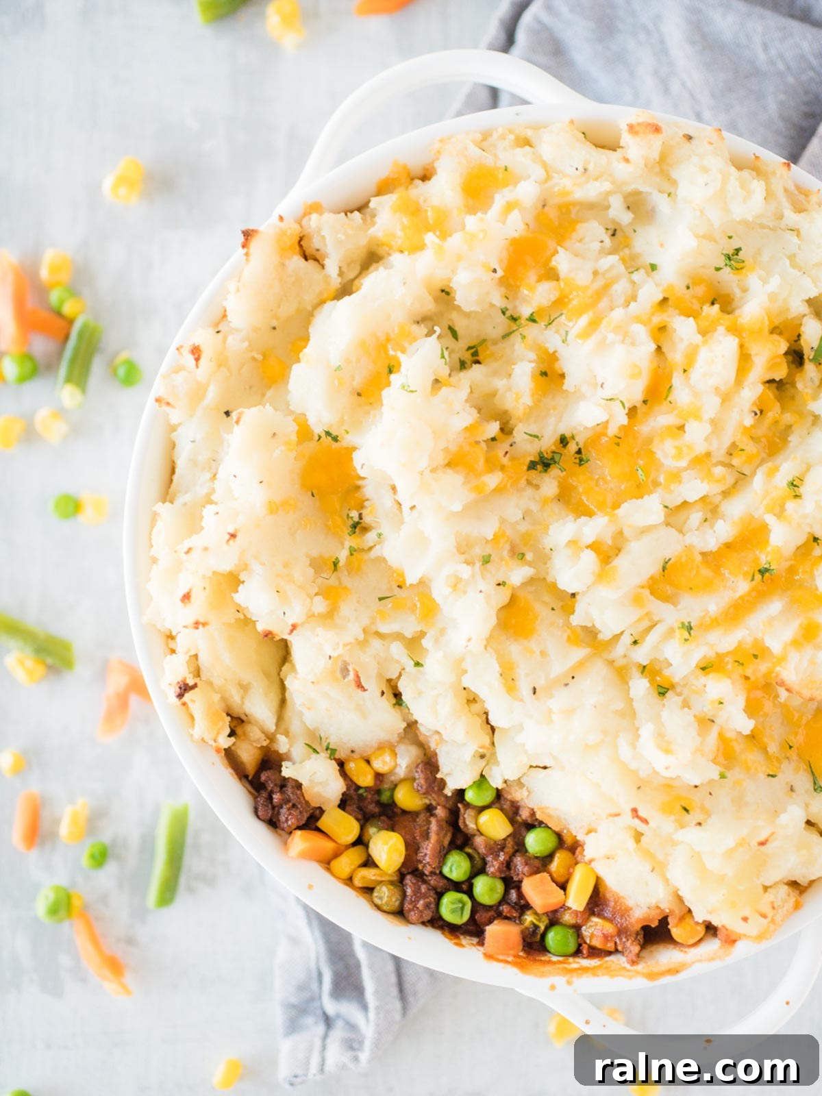 shepherds pie in a white baking dish