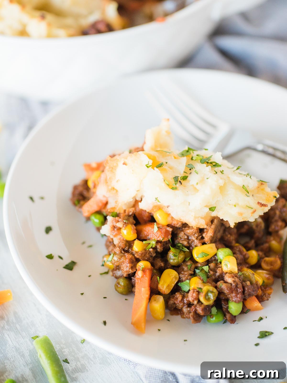 a serving of shepherds pie in a white shallow bowl
