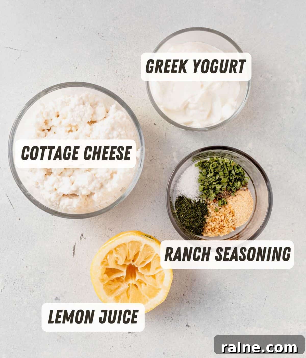 Creamy Cottage Cheese Dip Recipe for Fresh Veggies and Chips 4 cottage cheese dip ingredients on a countertop