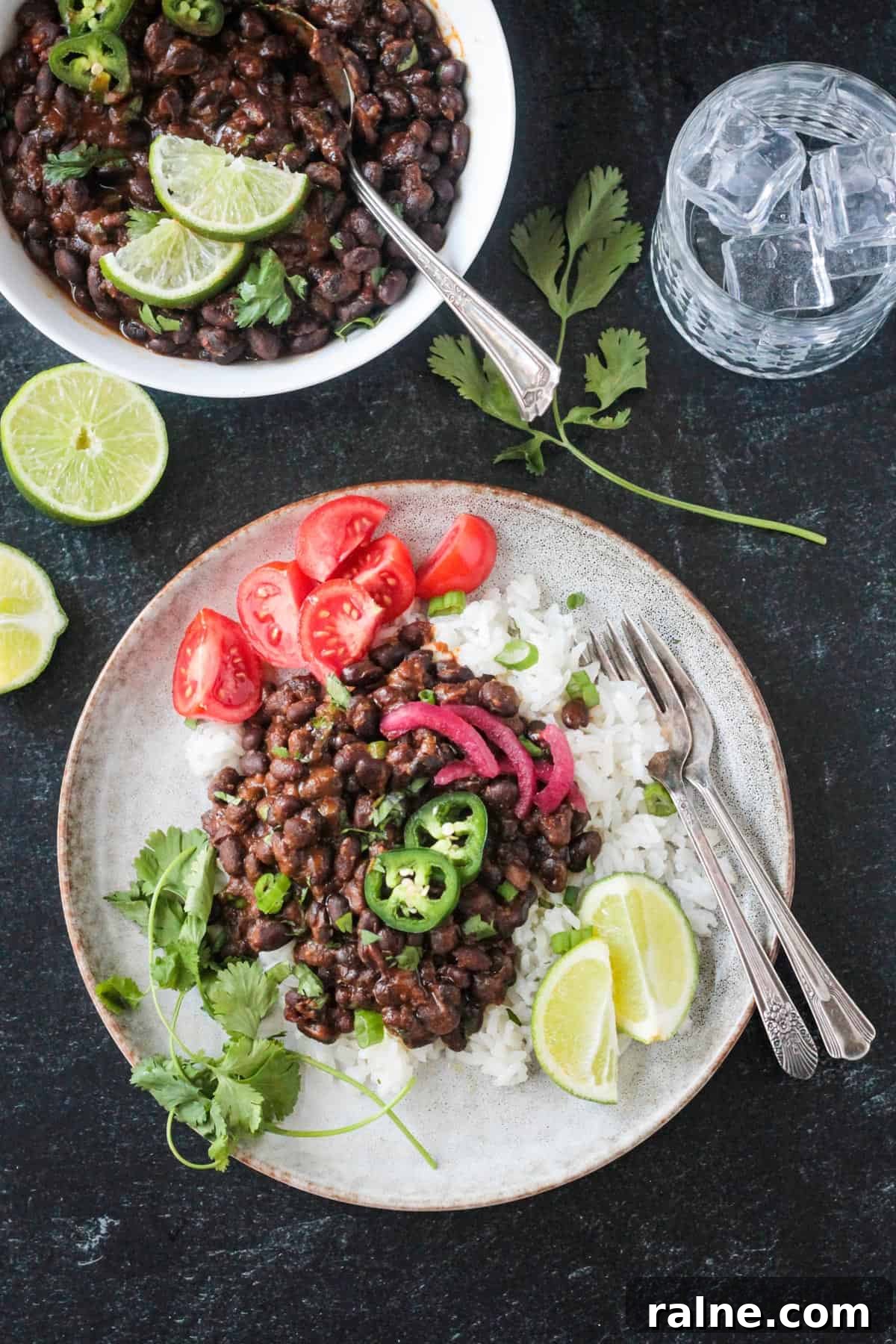 Zesty Spiced Black Beans Recipe for Bold Flavor 2 Serving of spicy seasoned black beans over coconut rice with a side of tomatoes.