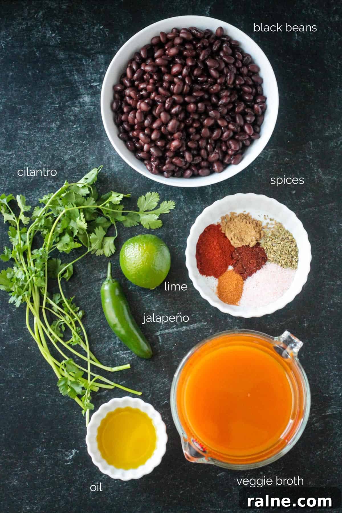Zesty Spiced Black Beans Recipe for Bold Flavor 3 Recipe ingredients arrayed in individual bowls.